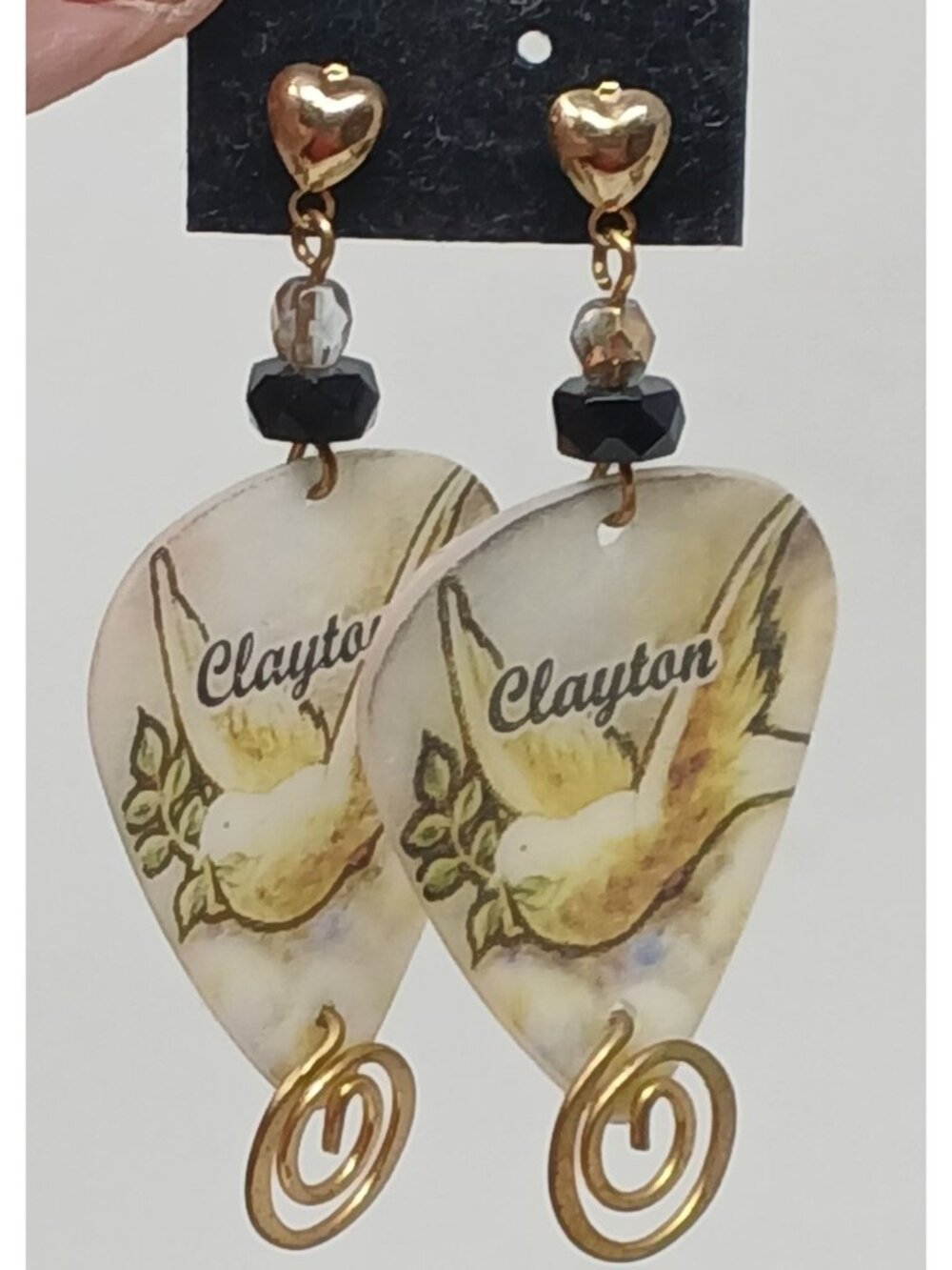 Clayton Guitar Pick Earrings Dove GoldTone Swirls Black Beads Handmade #J1-P